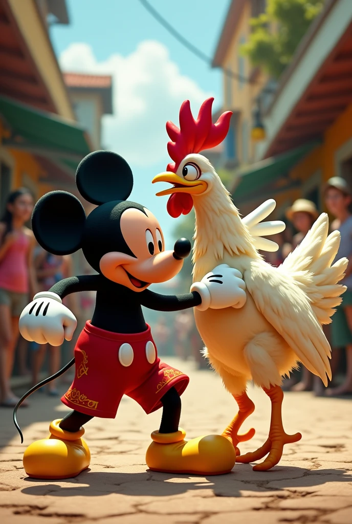 Mickey Mouse fighting capoeira with a plucked chicken