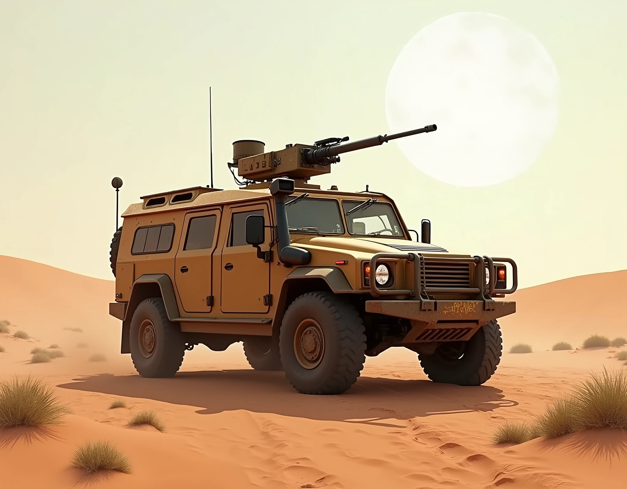 Make an image for a military light vehicle in an African desert armed with a machine gun manned turret