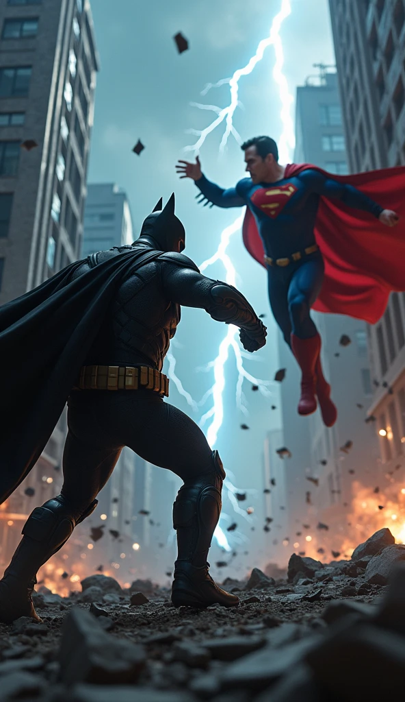 a dynamic and vibrant image depicting an epic battle between Batman and Superman. In the center of the scene, Batman, with his dark and detailed outfit, is in an aggressive fighting pose, using your fighting skills and gadgets. Superman, with his iconic blue and red costume, is in the middle of a powerful flight, with his muscles tensed and eyes glowing with his heat vision. The scene must be set in a destroyed urban setting, with ruined buildings and debris in the background, illuminated by lightning and thunderbolts. The mood should be dramatic, with dark clouds and a tense tone in the air. Lighting should highlight the intensity of the fight, with strong shadows and contrasts to accentuate the action and emotion of the confrontation.