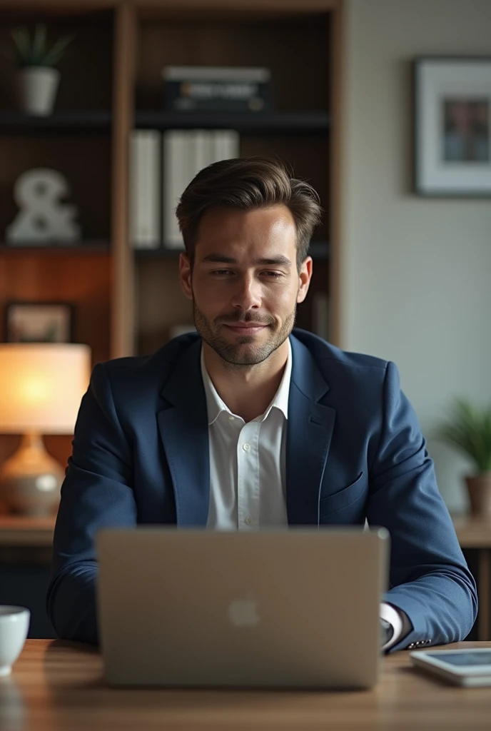 (photorealism:1.2), A (realistic) image depicting financial independence, showing a successful young man, teaching mindfulness techniques to online students, he should be looking at the computer screen. Use the appropriate background

