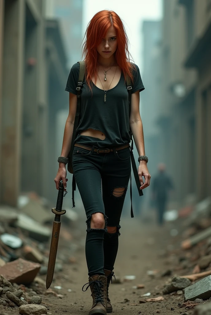 a cinematic portrait, focused on a subtle apocalyptic survivor. epic cinematography, the survivor is a girl with red hair, long disheveled hair, with a t-shirt that shows her shoulders, a torn t-shirt, a short black t-shirt, torn on the right breast, the nipple can be seen, tight black jeans, short and torn , backpack on his back, knife on his belt, bat in his right hand and crossbow next to the backpack on his back, dirty post-apocalyptic terrain, sweaty face, walking among ruins, full body, detailed body, a nipple can be seen on the torn t-shirt, military boots