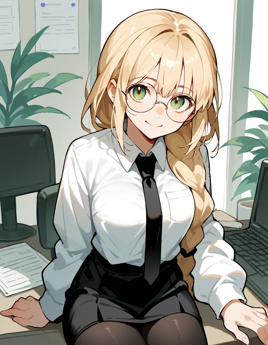 score_9, score_8_up, score_7_up, source_anime, 1girl, solo, looking at the viewer, smiling, blonde hair, long hair, green eyes, braid, single braid, glasses, round eyewear, (white shirt), (black necktie), (black skirt), skirt, ((black pantyhose)), office background, sitting on a chair, open legs,