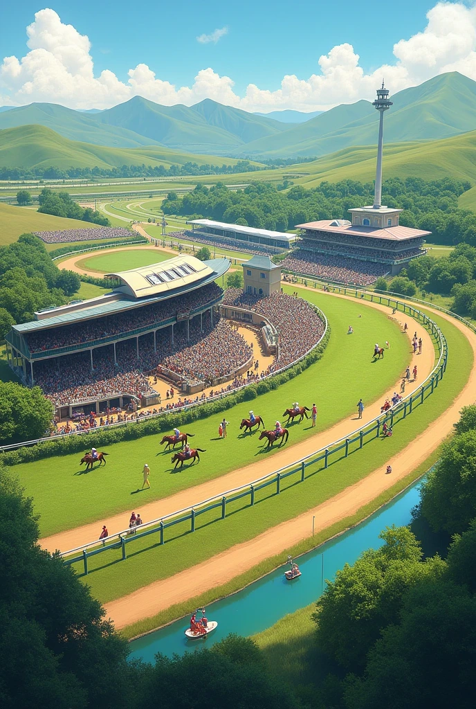 You can generate an image of a racetrack with its parts, that is to say, I want you to point out the stables, I want you to point out the paddock, I want you to point out the betting room, among other.