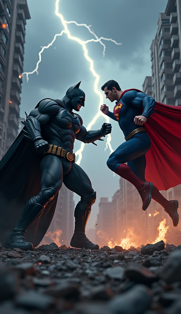 a dynamic and vibrant image depicting an epic battle between Batman and Superman. In the center of the scene, Batman, with his dark and detailed outfit, is in an aggressive fighting pose, using your fighting skills and gadgets. Superman, with his iconic blue and red costume, is in the middle of a powerful flight, with his muscles tensed and eyes glowing with his heat vision. The scene must be set in a destroyed urban setting, with ruined buildings and debris in the background, illuminated by lightning and thunderbolts. The mood should be dramatic, with dark clouds and a tense tone in the air. Lighting should highlight the intensity of the fight, with strong shadows and contrasts to accentuate the action and emotion of the confrontation.