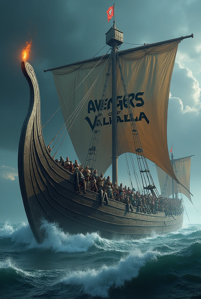 A giant Viking ship full of warriors with the inscription "AVENGERS OF VALHALLA" in the large size candle