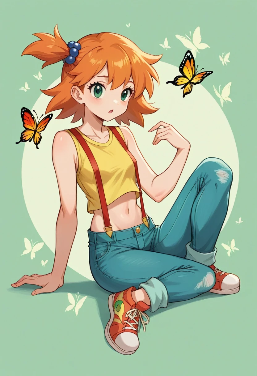 Wallpaper,masterpiece,High resolution,8K,
(Misty_Pokemon)
(Berry Short,Orange Hair,one side up hair,Big green eyes,Small breasts,Skinny)
(Yellow sleeveless T-shirt,Belly button exposed,Denim pants,Red suspenders,sneakers)
A Huge butterfly, beautiful butterfly, simple background, colorful image, spring day,