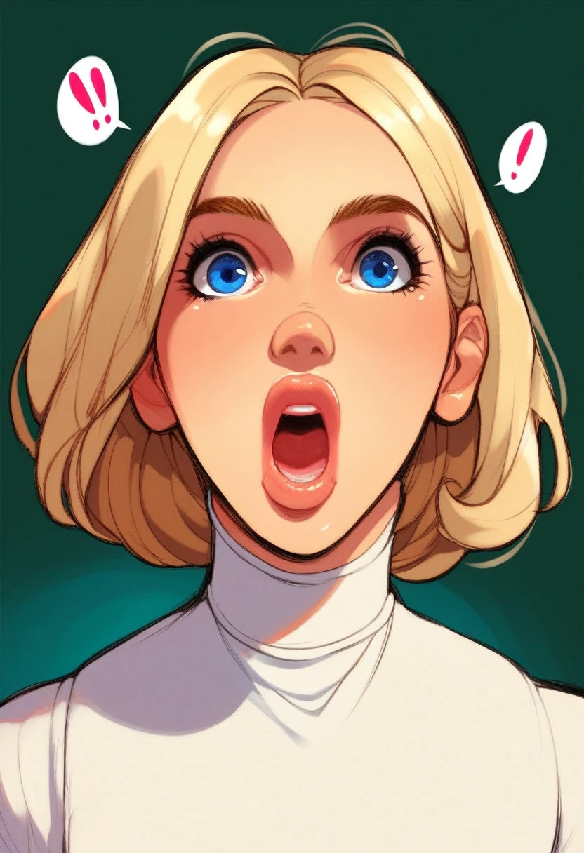 score_5_up, score_6_up,  score_7_up,
1girl, solo,  lips, open mouth, blue eyes, blonde hair, spoken_exclamation_mark , taut white dress