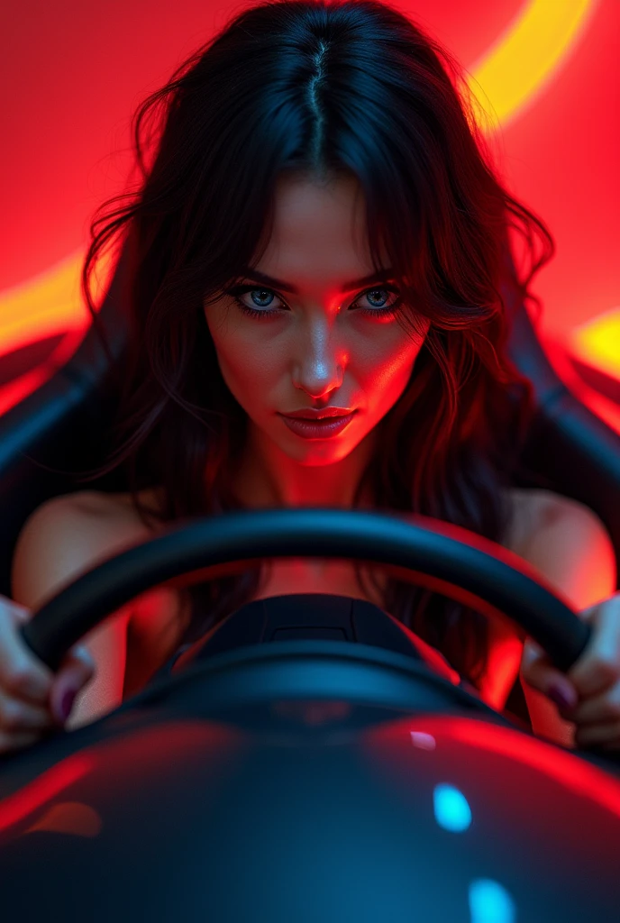 A picture of an extremely beautiful woman, at the wheel of a McLaren, with very blue eyes, Jet black hair, small nose, full lips, very beautiful, with a mischievous smile, red phosphorescent light