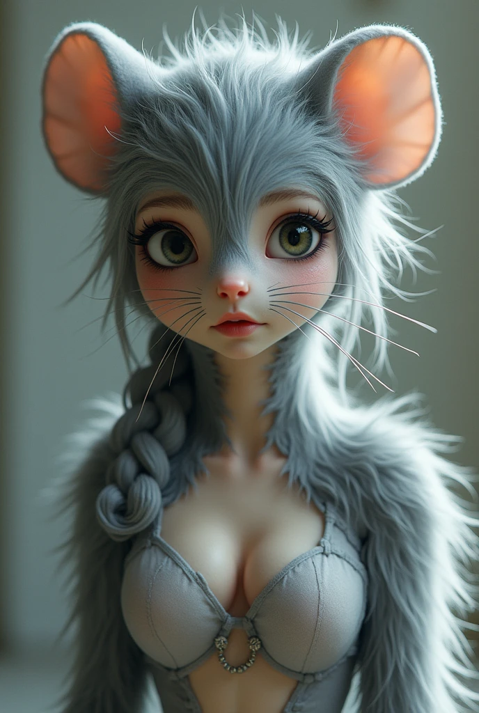 one girl, mice ears, , pure, cute naked, topless, a Woman mice mix, human Body, big tits, furry and skin, mice nose but the Rest of the face ist human, (((whiskers))) big eyes, Grey fur, Cat eyes, hybride 30 %mice an 70 % human, face mostly woman, Grey Hair , braid, fur instead of skin at Body Arms and shoulders and neck, human Body,
