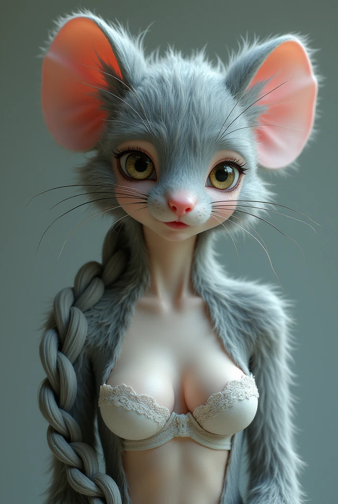 one girl, mice ears, , pure, cute naked, topless, a Woman mice mix, human Body, big tits, furry and skin, mice nose but the Rest of the face ist human, (((whiskers))) big eyes, Grey fur, Cat eyes, hybride 30 %mice an 70 % human, face mostly woman, Grey Hair , braid, fur instead of skin at Body Arms and shoulders and neck, tits are human, human Body, the mice nose is hairy , nipples, fur ist Grey but White in stomach