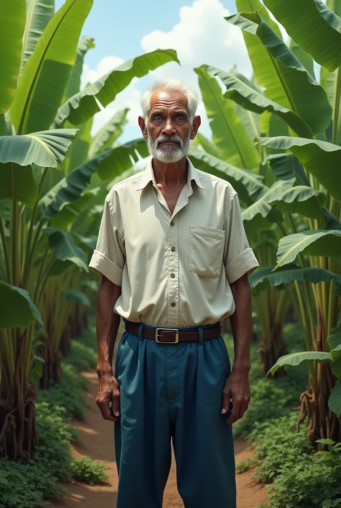 an old man with white hair, blue eyes, no beard in a banana and cassava plantation, blue pants and a white shirt