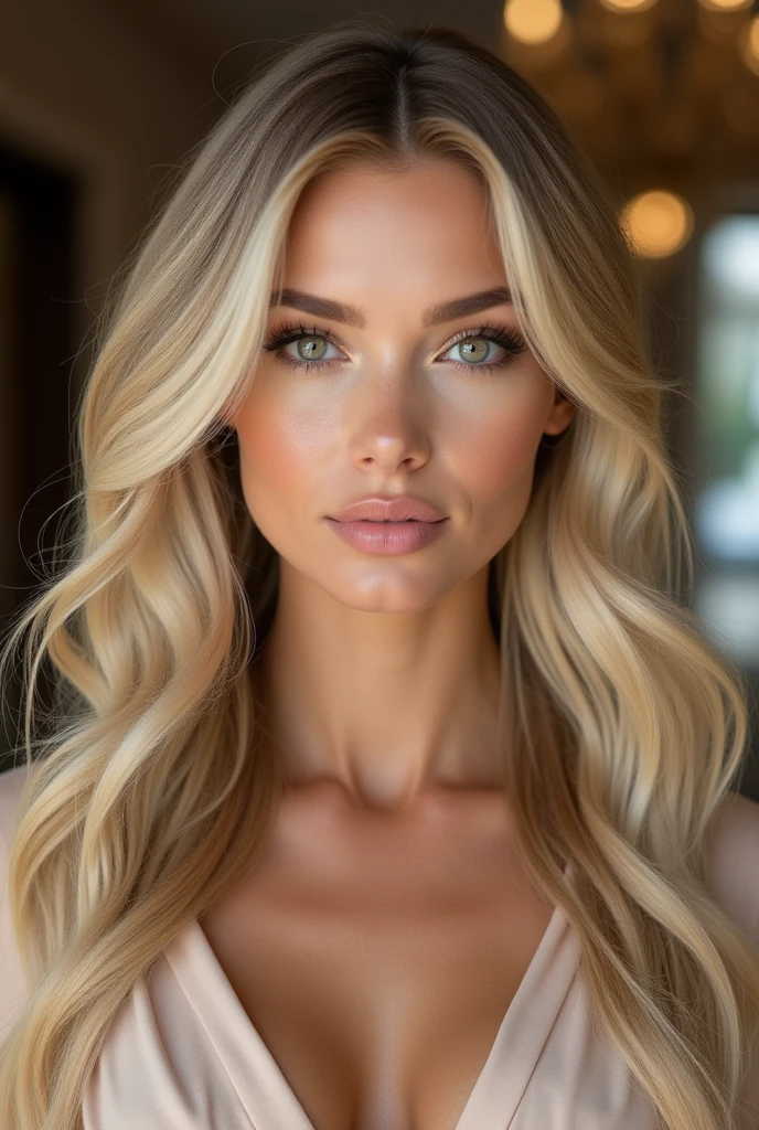 A stunning blonde woman aged between 25 to 30 years, designed using a precise facial model that ensures consistency across different depictions. Her face is characterized by an oval shape, with a facial length-to-width ratio aligning with the golden ratio for aesthetically pleasing symmetry. Her long, flowing blonde hair frames her face, with a natural shine enhancing the soft waves. Her naturally arched, well-groomed eyebrows sit at an optimal distance from her large, almond-shaped hazel eyes, maintaining a balanced interocular distance. The straight, well-proportioned nose features a nasal length perfectly aligned with the lip distance, ensuring facial harmony. Her full, naturally pink lips have a defined cupid’s bow and are slightly parted, with a curvature that complements the proportions of her chin and jawline. High, well-defined cheekbones add to her sculpted look, with zygomatic width creating a harmonious connection between the cheekbones and the jawline. Her smooth, flawless skin radiates a healthy, youthful glow. Set against a luxury hotel lobby backdrop, the scene is detailed with her highly defined facial features, flawless skin texture, and refined makeup, all aligned to maintain the consistent beauty of her facial model.