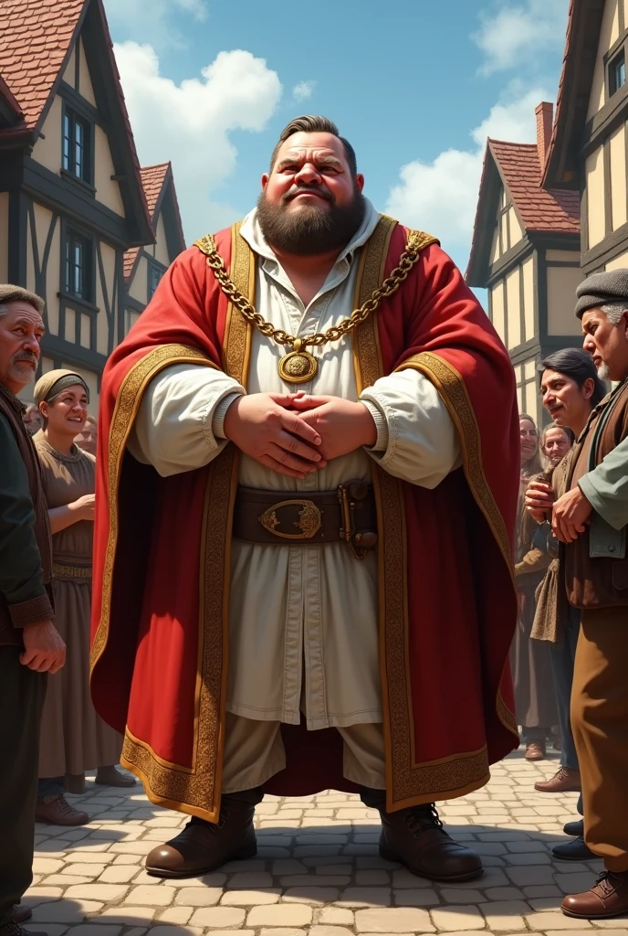 This is for a dungeons and dragons game, Generate me the mayor of a small town, He is fat, nail and big nose, With a white shirt you have to have medieval clothing