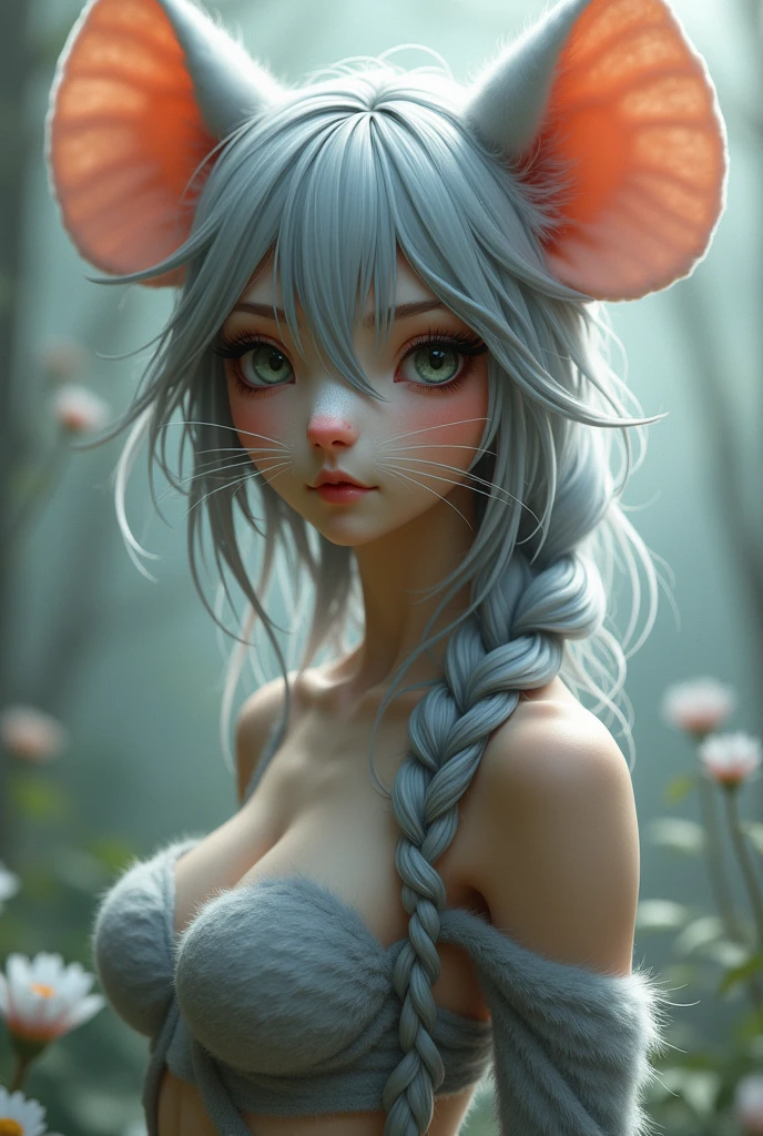 one girl, mice ears, , pure, cute naked, topless, a Woman mice mix, human Body, big tits, furry and skin, mice nose but the Rest of the face ist human, (((whiskers))) big eyes, Grey fur, Cat eyes, hybride 30 %mice an 70 % human, face mostly woman, Grey Hair , braid, fur instead of skin at Body Arms and shoulders and neck, tits are human, human Body, the mice nose is hairy , nipples, fur ist Grey but White in stomach