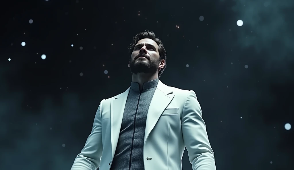 A cinematic medium shot of Henry Cavill with medium hair and beard as Pre-retcon Beyonder in the MCU. He is floating in black space with some stars far away and is facing towards to us while we can only see his side face where he gives a villainous laugh with a villainous facial expression. He has a non-muscular build and for his outfit The Beyonder wears tight white suit with a thunder neck cutting coat made of a white material that seems to shimmer and shift like the fabric of space itself. The robes are primarily deep white, with hints of starry constellations scattered across them. The edges of the robes glow faintly with a black or purple energy, as if the fabric is charged with cosmic power and around the Beyonder, several small, glowing orbs float in the air, constantly in motion These represent the Beyonder’s control over the fundamental forces of the universe and give a sense of their boundless power and the Beyonder's eyes glow with a piercing white light, and their entire form is surrounded by a faint, shimmering aura that pulses with energy. The aura occasionally crackles with energy, hinting at the raw power within.He wears no cape.Make Henry Cavill look more angry and psychotic and realistic.He is soaring over the earth since he is very large and having two planets in the palm of his hands is looking down to Robert Downey Jr dressed as Doctor Doom. Doctor Doom is looking up to The Beyonder  and gets terrified.
