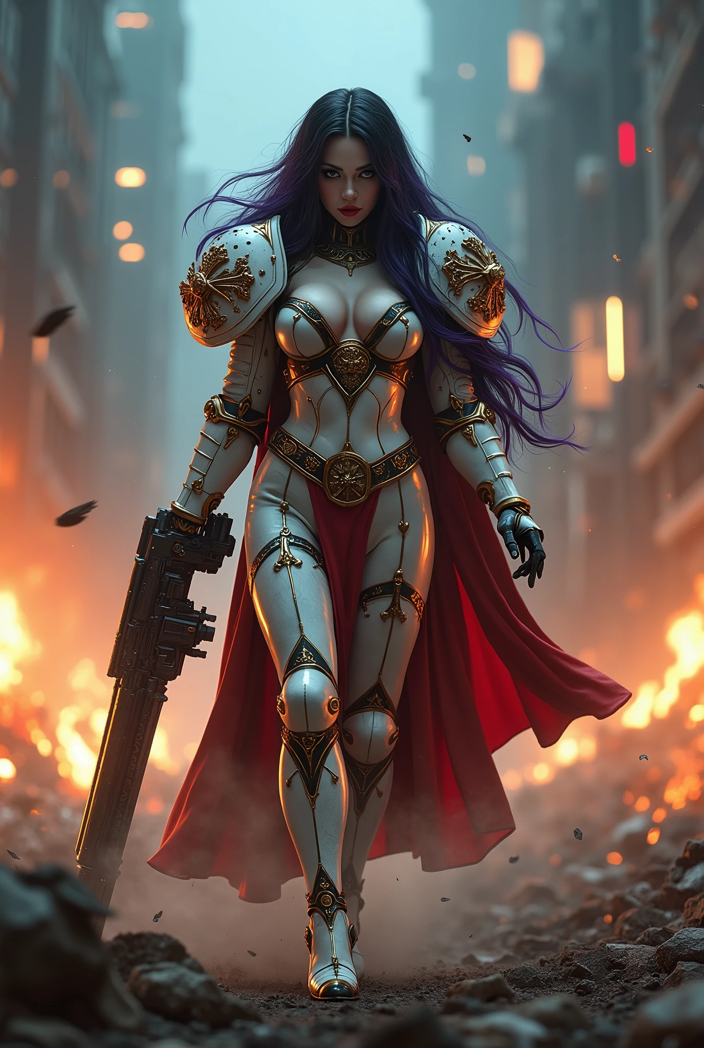 Merciless Maria. Masterpiece, Best Quality, Official Art, (Highly Detailed CG Unity 8k wallpaper), Detailed background, (Hands by Guido Daniele: 1.1). Full body pose sexy sisters of battle from the warhammer 40k, shooting at the enemy, white armor with intricate details, red armor with intricate details, religous symbols on the armor, sisters of battle, warhammer 40k, Massive silicone breast, pale skin, seductive, temptation, eat your soul, clevage, long flowing black hair with purple highlights, heavy gothic makeup, at night, neon, beautiful detailed eyes, beautiful detailed lips, extremely detailed eyes and face, long eyelashes, highly detailed armor, intricate futuristic weaponry, dramatic lighting, cinematic composition, muted color palette, gritty and realistic, mecha, science fiction, hyper-detailed, photorealistic, award winning digital art, 8k, HDR, masters work, in the middle of a battle field, full body combat action pose, explosions and fire around, full war, stunning, Stilleto heels, high heels, full body pose, cinematic, movie trailer, final stand!, nemesis, ready to strike, dust and debree, combat screams, attacking, shooting at the enemy, running forward, last line of defense, charging, fanatic, religious, templar knights, sisters of battle, warhammer 40k