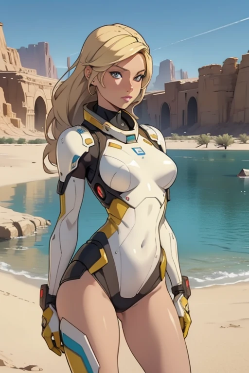 Blonde women, sexy feminine, sci-fi, In front of a lake in the desert