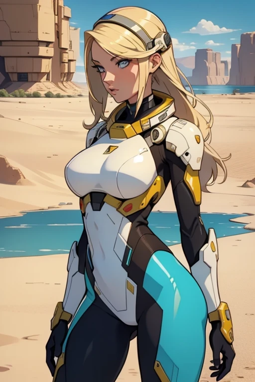 Blonde women, sexy feminine, sci-fi, In front of a lake in the desert