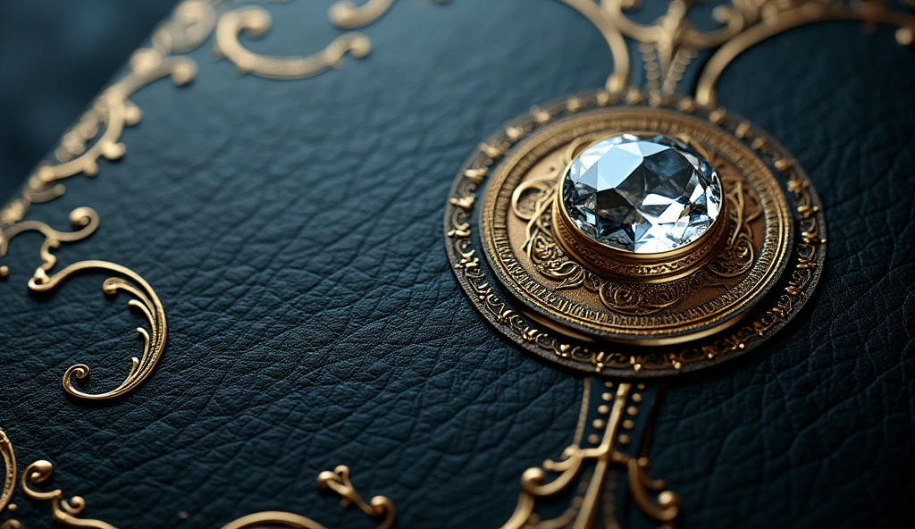 Create a mystical and immersive background. The base is crafted from dark, elegant leather, featuring delicately engraved gold details that evoke sophistication and mystery. The leather texture displays a smooth pattern with natural veins and subtle color variations, while the gold engravings form intricate arabesques that seamlessly integrate into the design. Positioned slightly off-center to the right, a multi-faceted diamond is embedded as a raised seal, adding a tactile dimension to the textured background. The overall aesthetic should blend luxury with an ethereal, magical atmosphere.