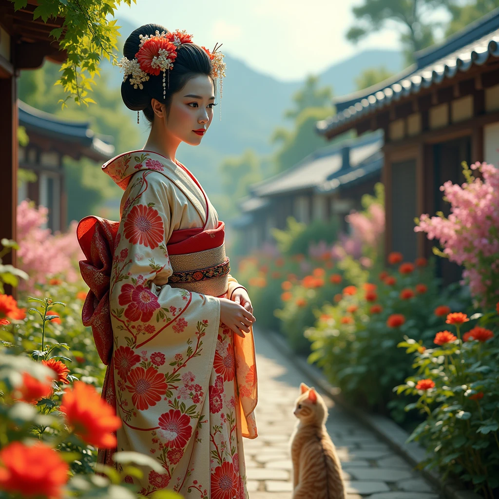 a beautiful geisha in a vibrant garden, surrounded by blooming flowers and a curious cat, (best quality,4k,8k,highres,masterpiece:1.2),ultra-detailed,(realistic,photorealistic,photo-realistic:1.37),extremely detailed eyes and face,longeyelashes,intricate kimono with traditional Japanese floral patterns,delicate facial features,serene expression,lush green foliage,vibrant colorful flowers,calming natural lighting,enchanting atmosphere,peaceful rural landscape,detailed textures,traditional Japanese architecture in the background