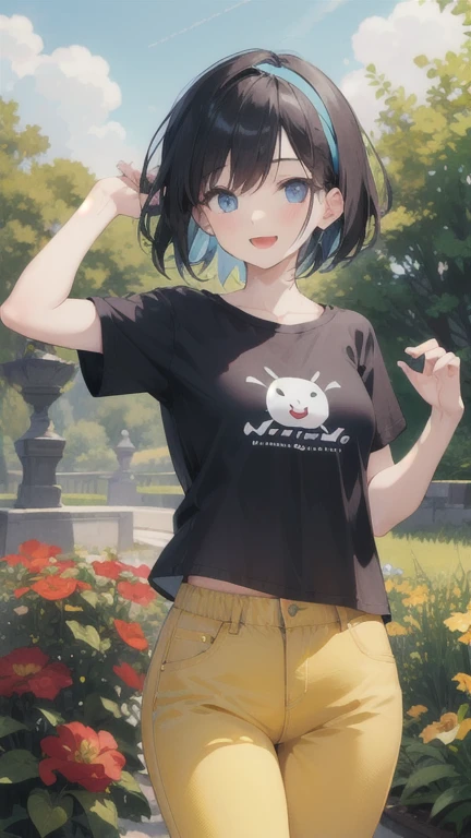 1girl, Solo, black hair, blue eyes, pale skin, blue t shirt, puffy short slevees, yellow pants, short hair, smiling, floral print, open mouth, garden, outdoors, head band, standing, Masterpece, looking at the viewers, cowboy shot, ,looking at veiewers,Best Quality, puffy short slevees, yellow jeans,