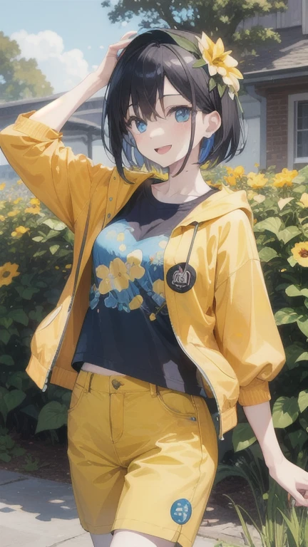 1girl, Solo, black hair, blue eyes, pale skin, blue t shirt, puffy short slevees, yellow pants, short hair, smiling, floral print, open mouth, garden, outdoors, head band, standing, Masterpece, looking at the viewers, cowboy shot, ,looking at veiewers,Best Quality, puffy short slevees, yellow jeans,