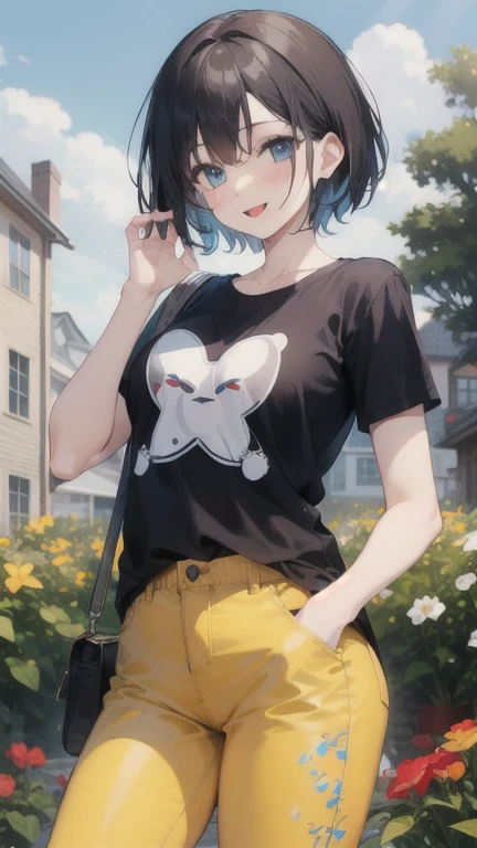 1girl, Solo, black hair, blue eyes, pale skin, blue t shirt, puffy short slevees, yellow pants, short hair, smiling, floral print, open mouth, garden, outdoors, head band, standing, Masterpece, looking at the viewers, cowboy shot, ,looking at veiewers,Best Quality, puffy short slevees, yellow jeans,