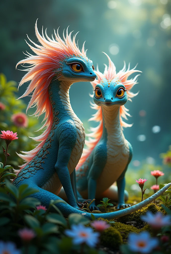 2 beautiful magical fantastical creature,highly detailed,hyperrealistic,intricate patterns,detailed textures,glowing ethereal eyes,intricate wings,flowing magical energy,radiant colorful feathers,magical natural environment,lush foliage,dramatic lighting,vivid colors,cinematic composition,award winning digital art, masterpiece, 32K UHD,style raw