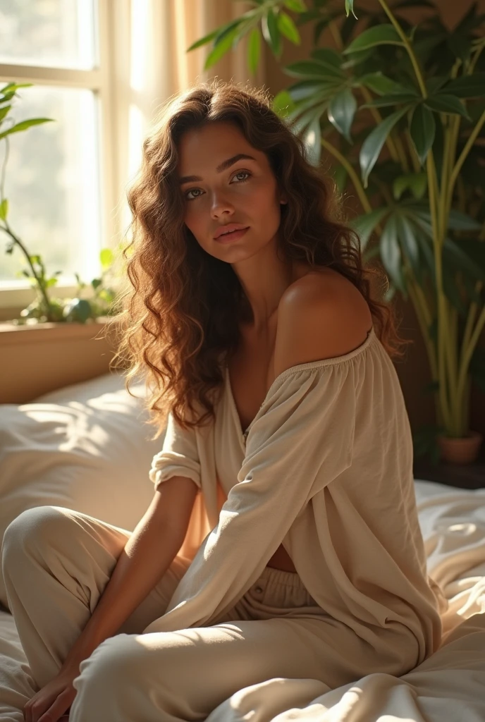 (photorealism:1.2), beautiful woman, sitting on bed, wearing loose off-shoulder top, pajama pants, long curly hair, indoors, soft lighting, plants in background, window with sunlight, cozy room, relaxed pose, realistic, intricate details, warm colors, by Greg Rutkowski, by Alphonse Mucha