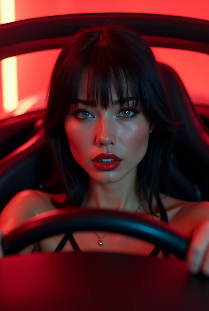 A picture of an extremely beautiful woman, at the wheel of a McLaren, with very blue eyes, Jet black hair, small nose, full lips, very beautiful, with a mischievous smile, red phosphorescent light