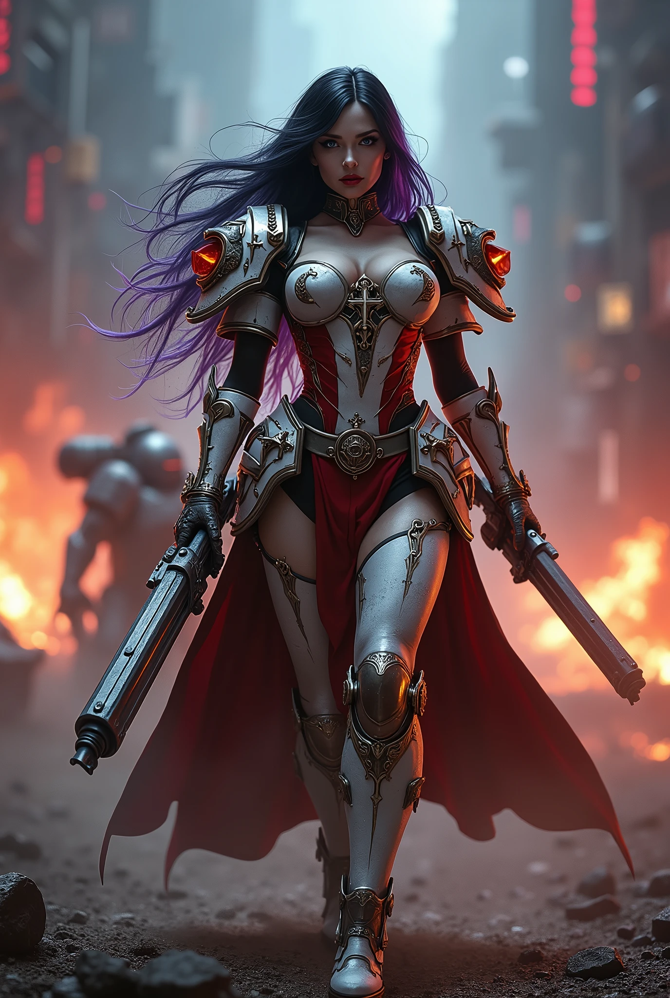 Merciless Maria. Masterpiece, Best Quality, Official Art, (Highly Detailed CG Unity 8k wallpaper), Detailed background, (Hands by Guido Daniele: 1.1). Full body pose sexy sisters of battle from the warhammer 40k, shooting at the enemy, white armor with intricate details, red armor with intricate details, religous symbols on the armor, sisters of battle, warhammer 40k, Massive silicone breast, pale skin, seductive, temptation, eat your soul, clevage, long flowing black hair with purple highlights, heavy gothic makeup, at night, neon, beautiful detailed eyes, beautiful detailed lips, extremely detailed eyes and face, long eyelashes, highly detailed armor, intricate futuristic weaponry, dramatic lighting, cinematic composition, muted color palette, gritty and realistic, mecha, science fiction, hyper-detailed, photorealistic, award winning digital art, 8k, HDR, masters work, in the middle of a battle field, full body combat action pose, explosions and fire around, full war, stunning, Stilleto heels, high heels, full body pose, cinematic, movie trailer, final stand!, nemesis, ready to strike, dust and debree, combat screams, attacking, shooting at the enemy, running forward, last line of defense, charging, fanatic, religious, templar knights, sisters of battle, warhammer 40k