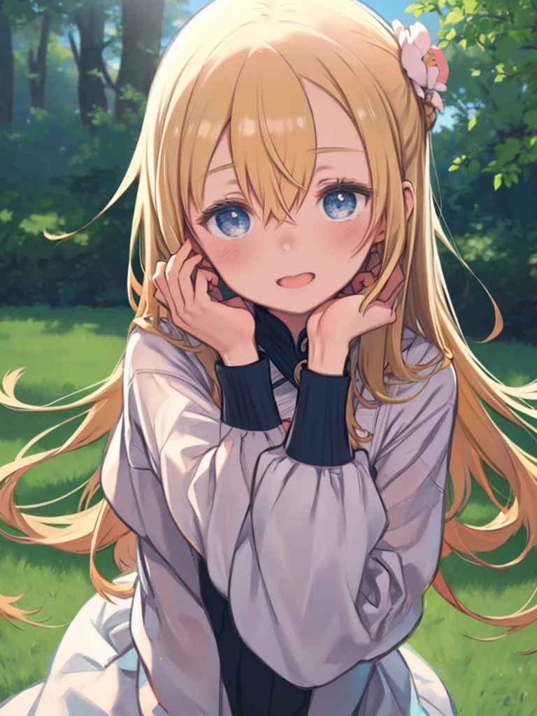 One Woman、((Touch your cheeks with both hands))、Upper Body、Close your eyes and laugh、Open your mouth a little、Angle from the front、Blonde Hair、Hair between the eyes、long hair、Blue Eyes、Leaning forward、Accurate hand drawing、Green turtleneck rip-off sweater、Long sleeve、Twist your body a little、Place your arms under your chest、Outdoor、garden with beautiful flowers、