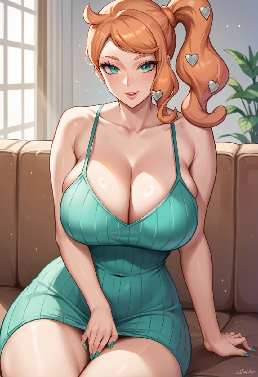 1girl, mature female, older, huge breasts, milf, motherly, wide hips, curvy, sonia (pokemon), collarbone, lips, score_9, score_8_up, score_7_up, score_6_up, source_anime, Accurate describe shapes, beautiful face, expressive eyes, looking at viewer, solo, close-up, sitting, sofa, indoors, scenery, dramatic lighting, seductive smile