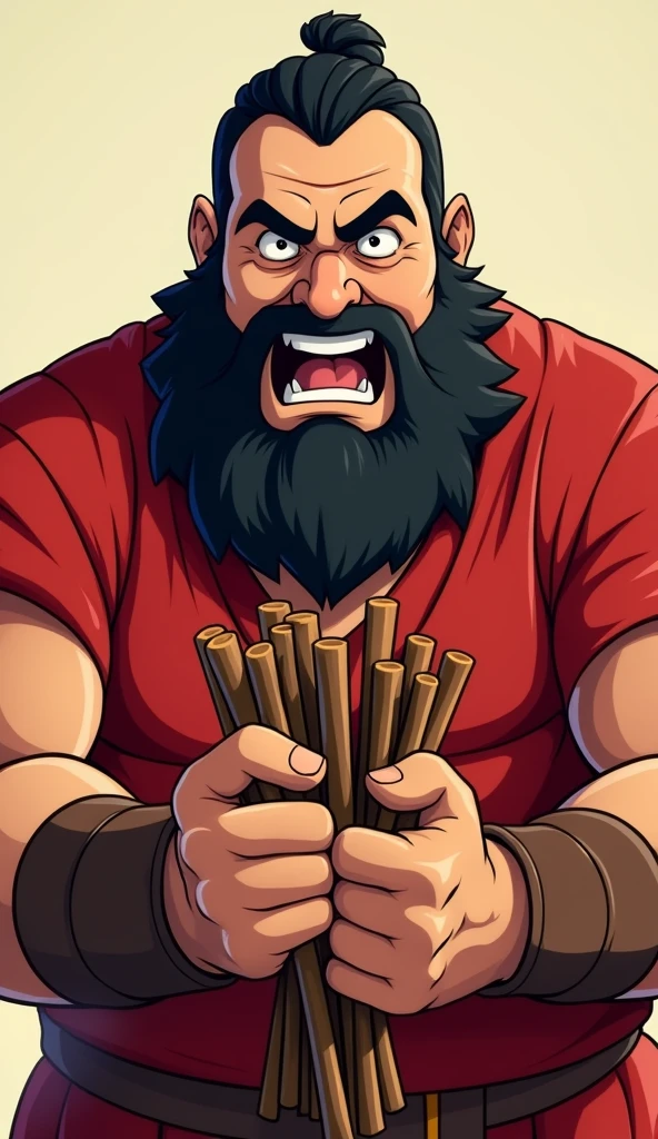 The 2 boy, wearing a red tunic, holding a bundle of sticks and struggling to break them, his face showing the effort.
Show the closeup of young boy.
Just one boy. And the boy is an adult who is 2 with black beard.
Show as cartoons