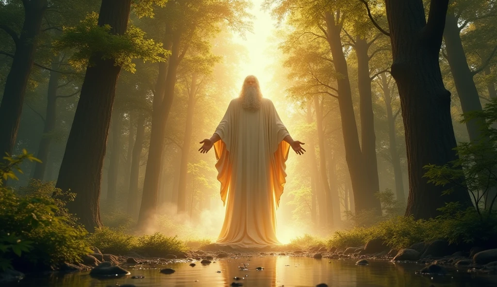 (masterpiece:1.2,Exceptional Quality,God with white hair and white beard, lifelike, super gigantic God the Father, in a white and gold robe, towering over trees, looking down on the enchanted garden of Eden, Cinematic Experience),32k,wallpaper, God standing in the garden of Eden,(Diffuse reflection of a gigantic God towering over trees looking downwards glowing with light:2.0) #Landscape #Realistic #Scene Design #SeaArt Infinity, Style Raw, UHD