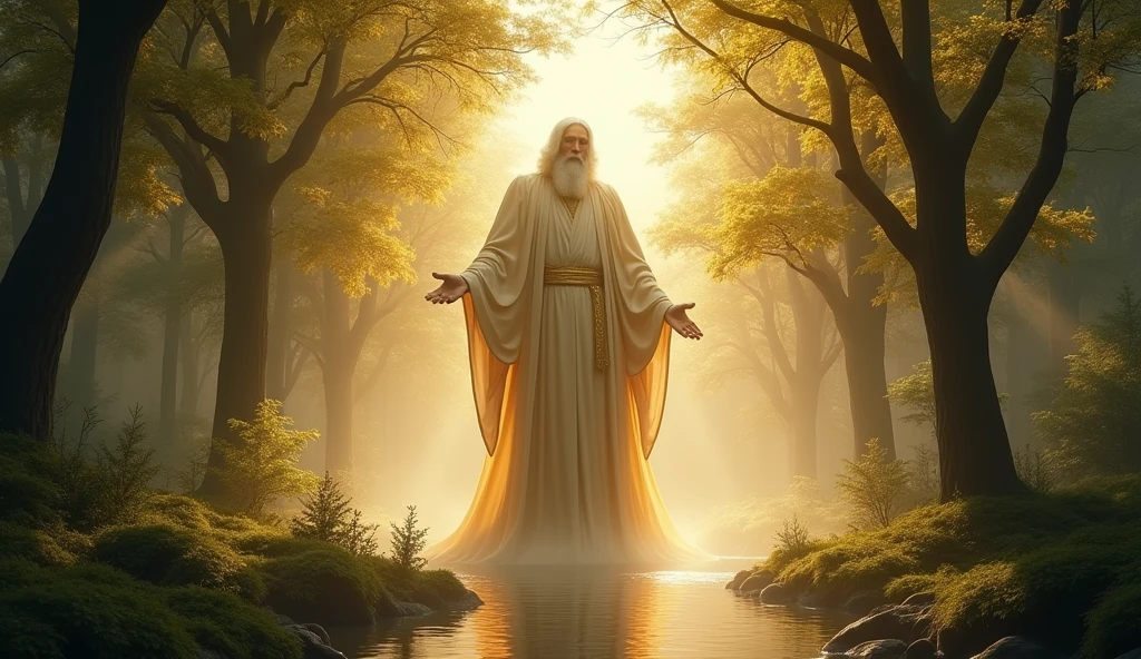 (masterpiece:1.2,Exceptional Quality,God with white hair and white beard, lifelike, super gigantic God the Father, in a white and gold robe, towering over trees, looking down on the enchanted garden of Eden, Cinematic Experience),32k,wallpaper, God standing in the garden of Eden,(Diffuse reflection of a gigantic God towering over trees looking downwards glowing with light:2.0) #Landscape #Realistic #Scene Design #SeaArt Infinity, Style Raw, UHD