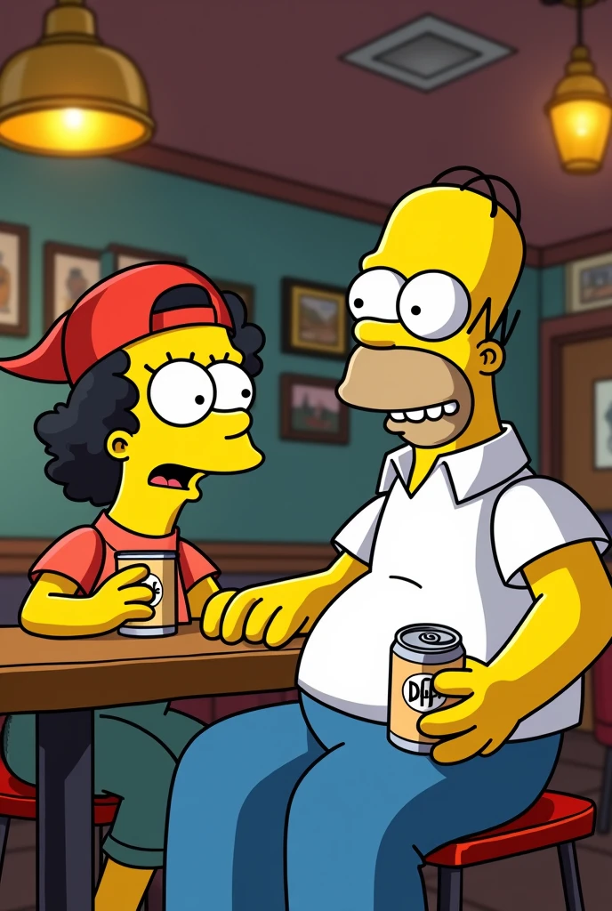 Homer Simpson in the cantina talking to another drunk hugging each other with duff in hand and a watch and the cap backwards