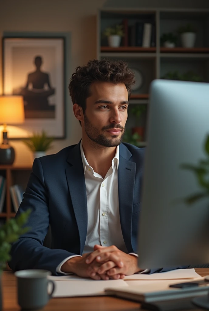 (photorealism:1.2), A (realistic) image depicting financial independence, showing a successful young man, teaching mindfulness techniques to online students, he should be looking at the computer screen. Use the appropriate background