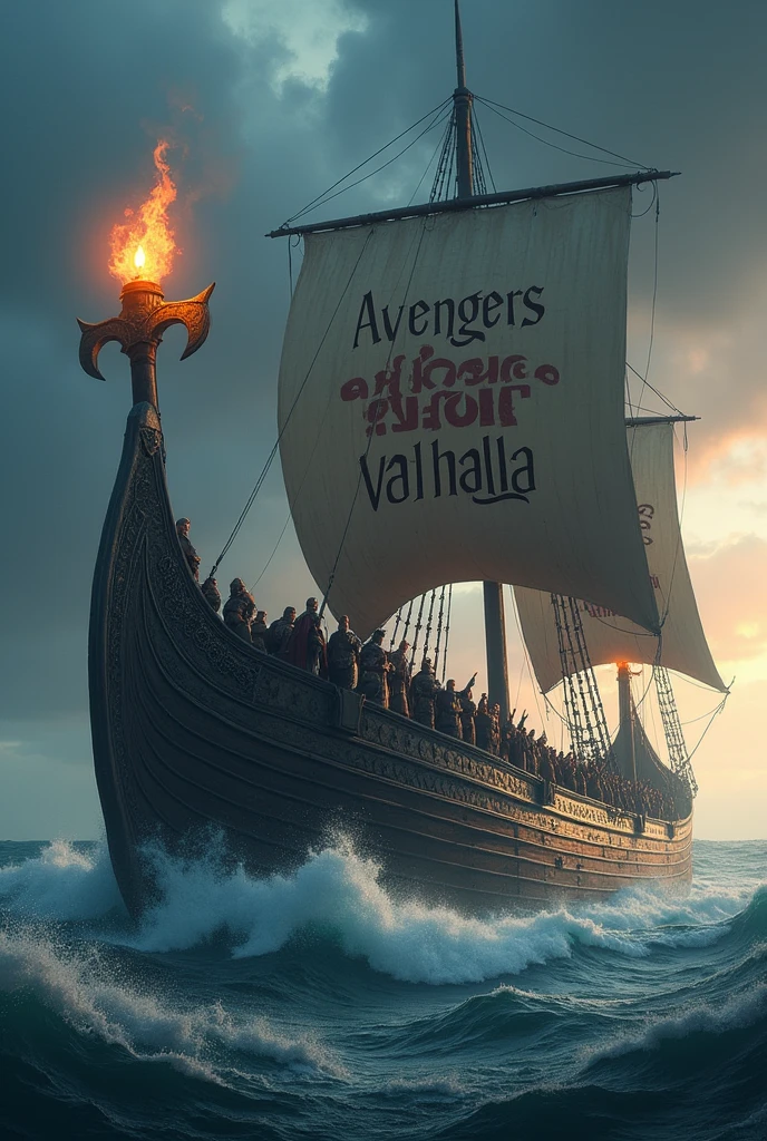 A giant Viking ship full of warriors with the inscription "AVENGERS OF VALHALLA" in the large size candle