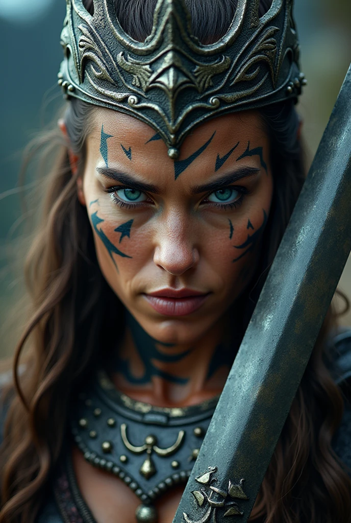 Viking warrior close-up,40 year old, sword on display, Woman, blue eye with lightning, large crown on head , tribal tattoo on face, Angry, necklace on the neck