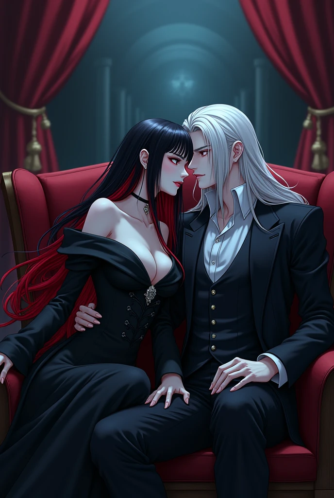 A VAMPIRE woman with black hair and red highlights and a brother who is a lord, man with long white hair. anime style image. The two side by side watching a movie.