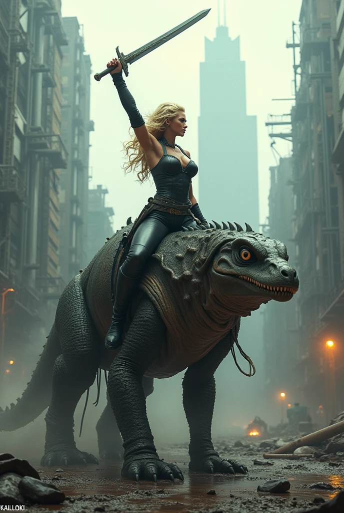 In a gritty, dystopian Moscowcity scape, a fierce, blonde warrior with muscular body rides atop a colossal, hybrid creature—a fusion of reptilian muscle and intricate machinery. Her untamed hair flows wildly as she raises a gleaming sword high, her dark leather((masterpiece, top quality, Highest image quality, High resolution, Photorealistic, RAW photo, 8K)), ((extremely detailed CG wallpaper unified 8k)), (Huge stunning shot of the goddess, Very hot and sexy, stunning beauty, Ideal proportions, Beautiful body, Slim body, beauty:1.4) caption: "KlausLoki" is indicated in the down right corner of the picture