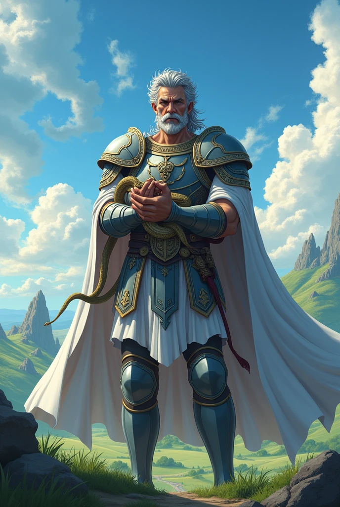 Greek king, with gray armor, clothes and white cape, holding a pet snake, ((anime styling))