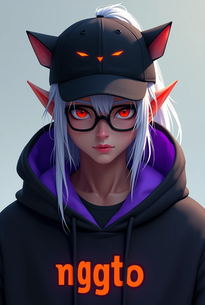 young man, Black skin tone, dark red eyes, wears prescription glasses, White hair, hair tied with ponytail, 2 strands of hair in the front, elf ear, wears an all black cap with a cat face, wears a closed hood with two different colors, black on one side and purple on the other, with an orange name written: NGGTO