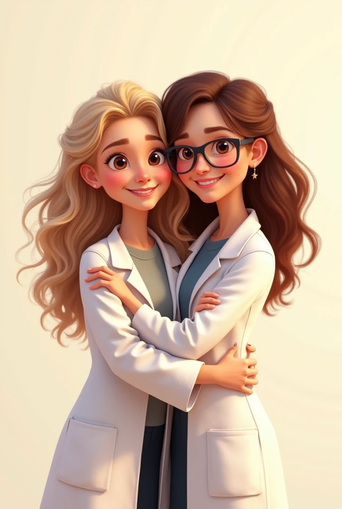 "Create a Pixar-style digital illustration celebrating Psychology Day. The image should feature two women in white lab coats, warmly embracing and smiling. The first woman is 2, around 159 cm tall, with long, curly, coppery-blonde hair (type 3A), light brown eyes that are almost honey-colored, and fair skin. The second woman is 6, taller at 164 cm, with short brown hair, wearing glasses, brown eyes, and fair skin. The older woman should have distinct facial features that reflect her age but in a stylized Pixar manner, while the younger woman should have a youthful appearance. Both women should have expressive faces and the warm, joyful style typical of Pixar characters. The background should be simple and light, emphasizing their close bond.