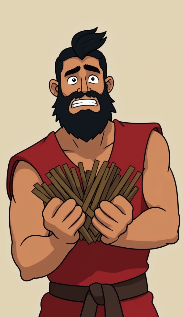 The 2 boy, wearing a red tunic, holding a bundle of sticks and struggling to break them, his face showing the effort.
Show the closeup of young boy.
Just one boy. And the boy is an adult who is 2 with black beard. No the boy is simple in body and face
Show as cartoons