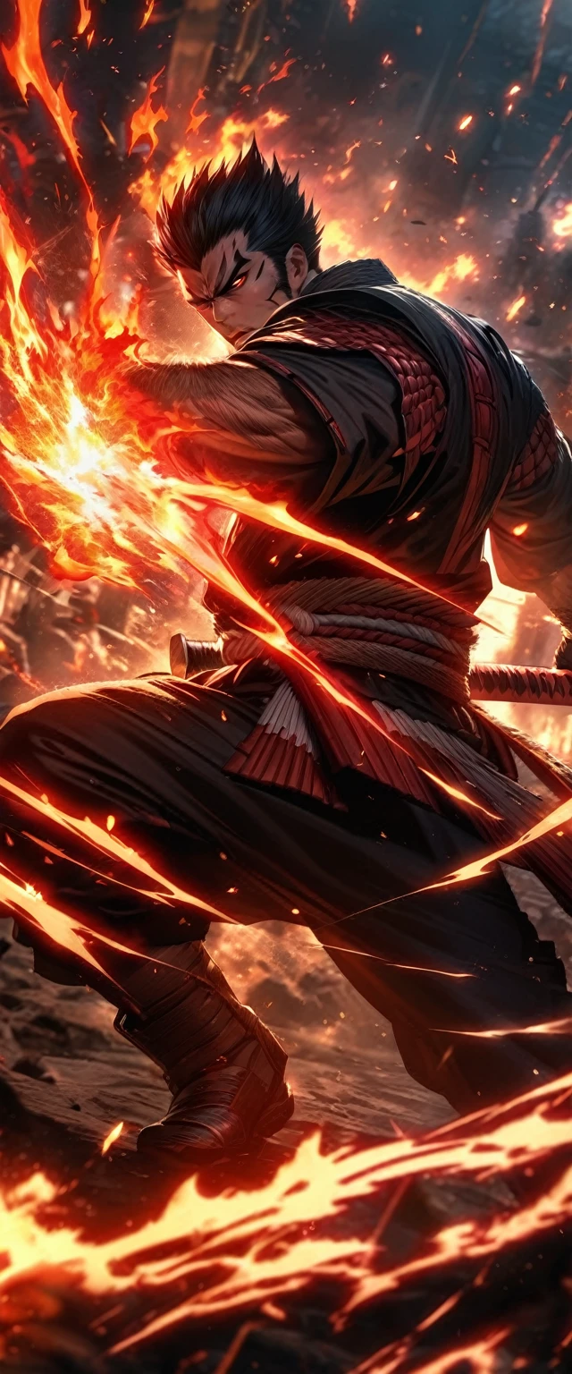 Symetrical,absurdres, highres, ultra detailed, HDR, masterpiece, extremely detailed face and eyes, Cool samurai, tekken,,, holding samurai, solo, man, handsome, ,, , Epic fight scene,fire red lightning effect, glowing glitters, , flames effect, flaming aura effect,black eyes, flaming splashing, surrounded by flames energy