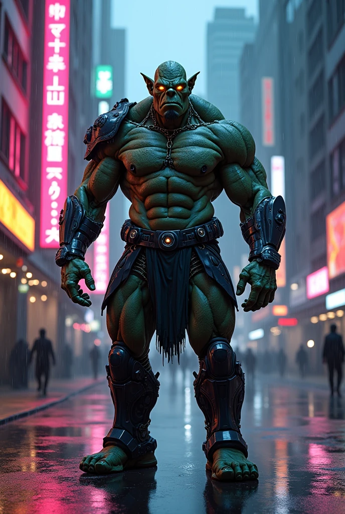 /imagine prompt: A towering orc with cybernetic implants standing in a neon-lit alleyway in a cyberpunk city, rain pouring down, reflecting vibrant lights on the wet pavement, captured with a Sony A7 III, f/2.2, ISO 1600, background filled with futuristic billboards, and dark, towering skyscrapers.