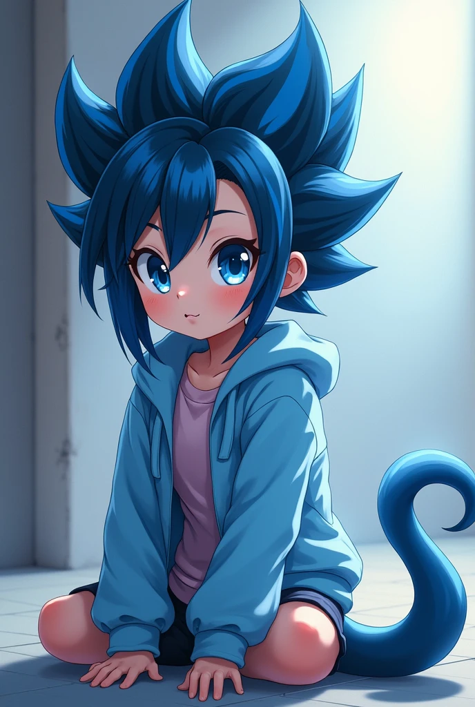 (photorealism:1.2), Cute, anime, girl, wearing Light blue jacket, with a blue saiyan tail,blue eyes, blue and black spikey hair,