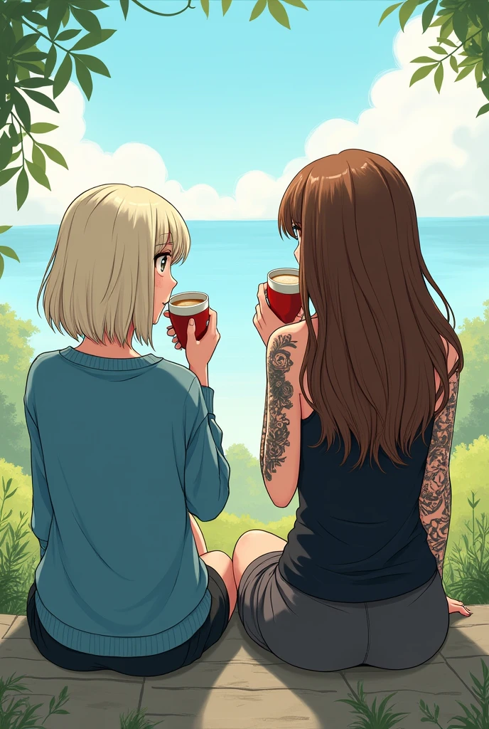 Un dessin de type manga de deux filles assises l'une à côté de l'autre de dos qui boivent un café dans la nature. Elles regardent l'horizon. We only see their backs. The first girl has platinum blonde hair with a very straight shoulder length bob and a blue sweater.. The second one has very long, wavy brown hair and a black tank top.. She has her entire right arm tattooed. Toutes les deux sont de dos et regardent à l'horizon avec leur café. 